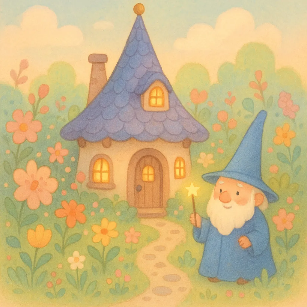 Enjoy assembling a puzzle depicting a whimsical pastel scene: a tiny, storybook cottage with a blue scalloped roof and warm glowing windows nestled among soft g