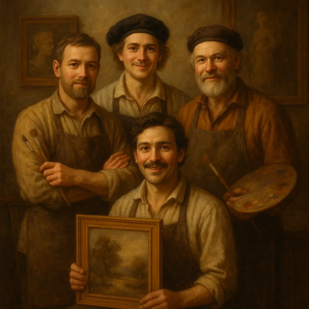 Enjoy assembling a puzzle depicting a warm, classical studio portrait of four smiling painters in aprons, softly lit in rich sepia and amber tones.