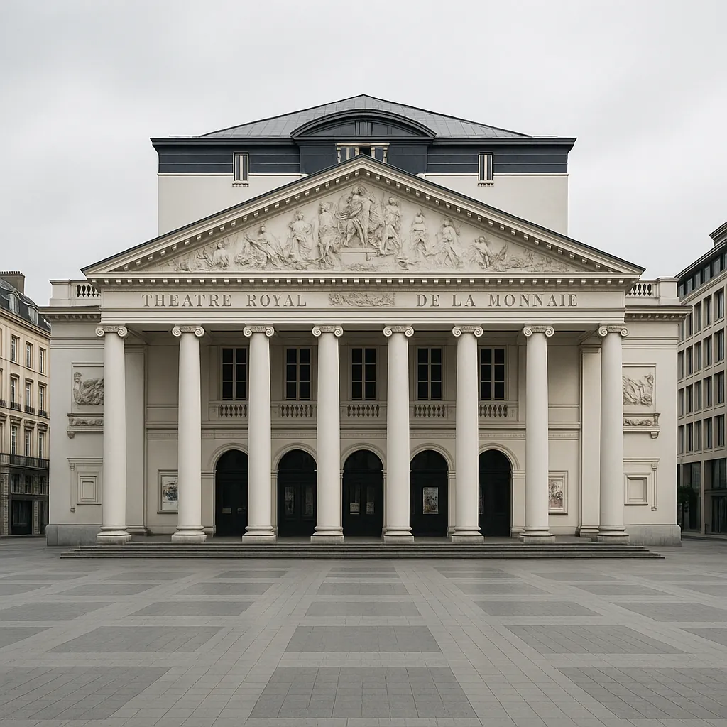 Discover a puzzle with the stately neoclassical façade of the Théâtre Royal de la Monnaie, captured in soft cream and muted grey tones.