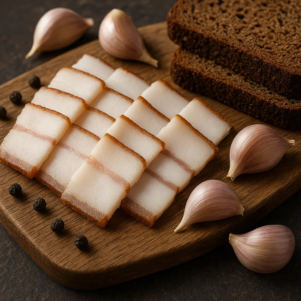 Discover a puzzle with an appetizing still life of thinly sliced cured pork fat laid out on a wooden board beside cloves of garlic and dark rye bread.