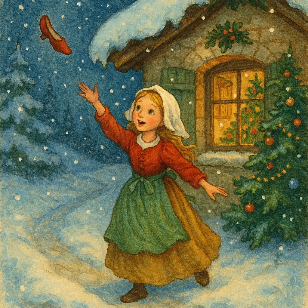 Discover a puzzle with a charming winter scene of a rosy-cheeked girl tossing a red slipper outside a snow-dusted cottage.