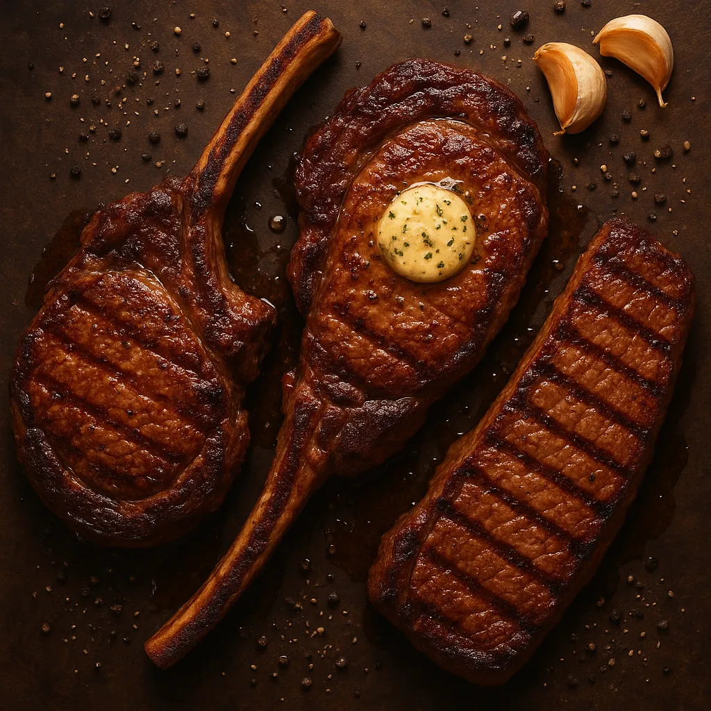 Enjoy assembling a puzzle depicting three perfectly grilled steaks — two bone-in cuts and a juicy strip, glazed with rich brown char marks, a pat of herb butter