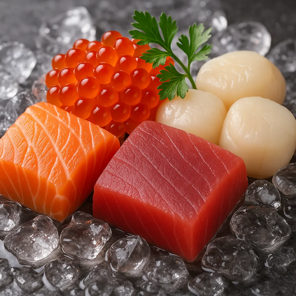 Discover a puzzle with a close-up arrangement of vibrant sashimi and seafood on ice — bright orange salmon, deep red tuna, glossy salmon roe, and creamy scallop