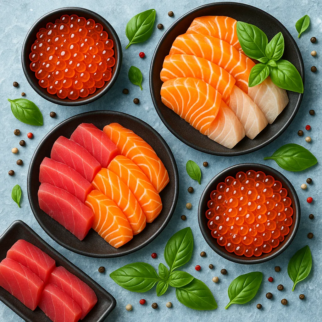 Enjoy assembling a puzzle depicting a beautifully arranged sushi and sashimi spread with glossy salmon slices, vibrant tuna, and shimmering red ikura set in bla