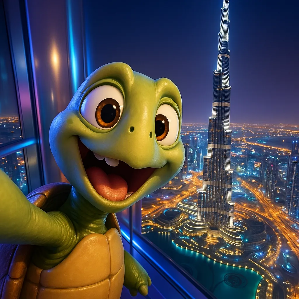 Discover a puzzle with a cheerful cartoon sea turtle taking a joyful selfie against a glittering nighttime cityscape dominated by a soaring, illuminated skyscra