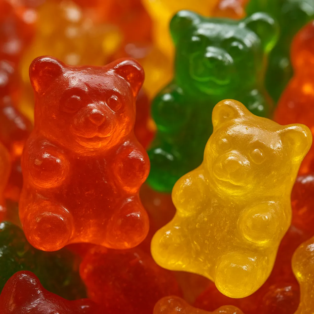 Enjoy an online jigsaw puzzle designed for browser play, featuring a close-up of colorful gummy bear candies that celebrate a playful food theme.