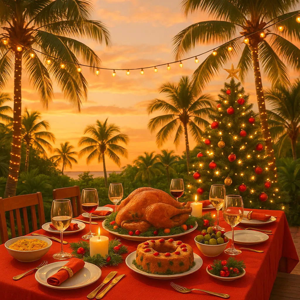 Discover a puzzle with a tropical holiday dinner scene perfect for PuzzleFree.Game: a warm, golden sunset over palm trees and twinkling string lights frames a f