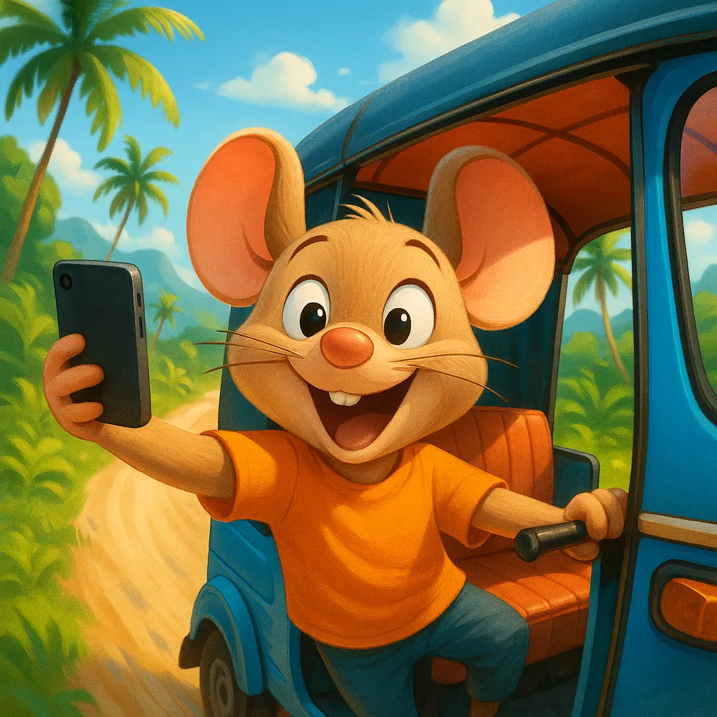 Discover a puzzle with a cheerful cartoon mouse taking a joyful selfie from a bright blue tuk‑tuk as it winds down a sunlit tropical road.
