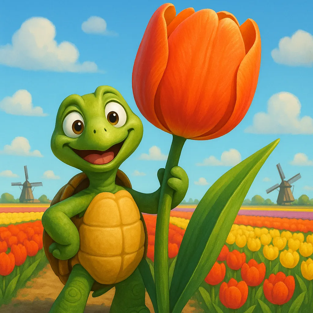 Discover a puzzle with a cheerful cartoon turtle proudly holding a giant orange tulip against a bright blue sky dotted with fluffy clouds.