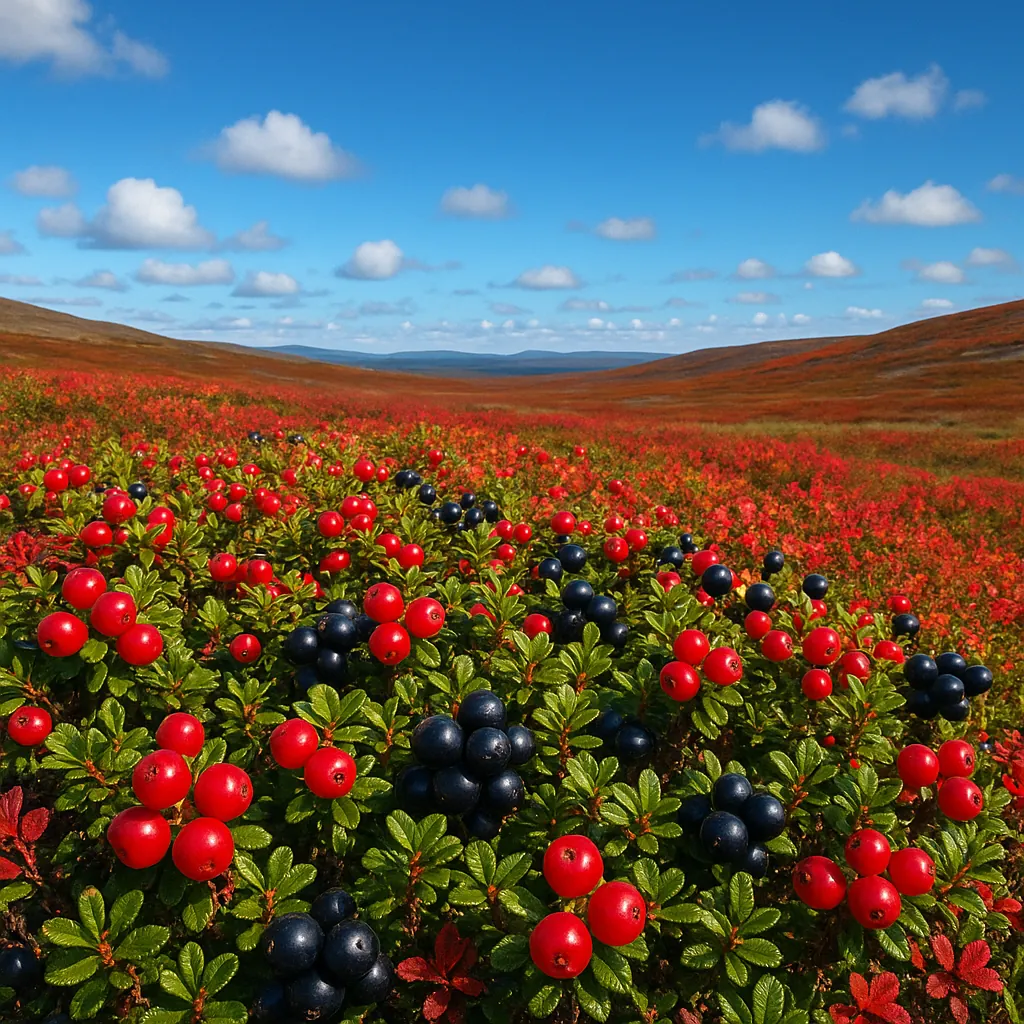 Discover a puzzle with a close-up of glossy red and deep blue berries clustered among glossy green leaves, set against a sweeping field of red tundra and gentle