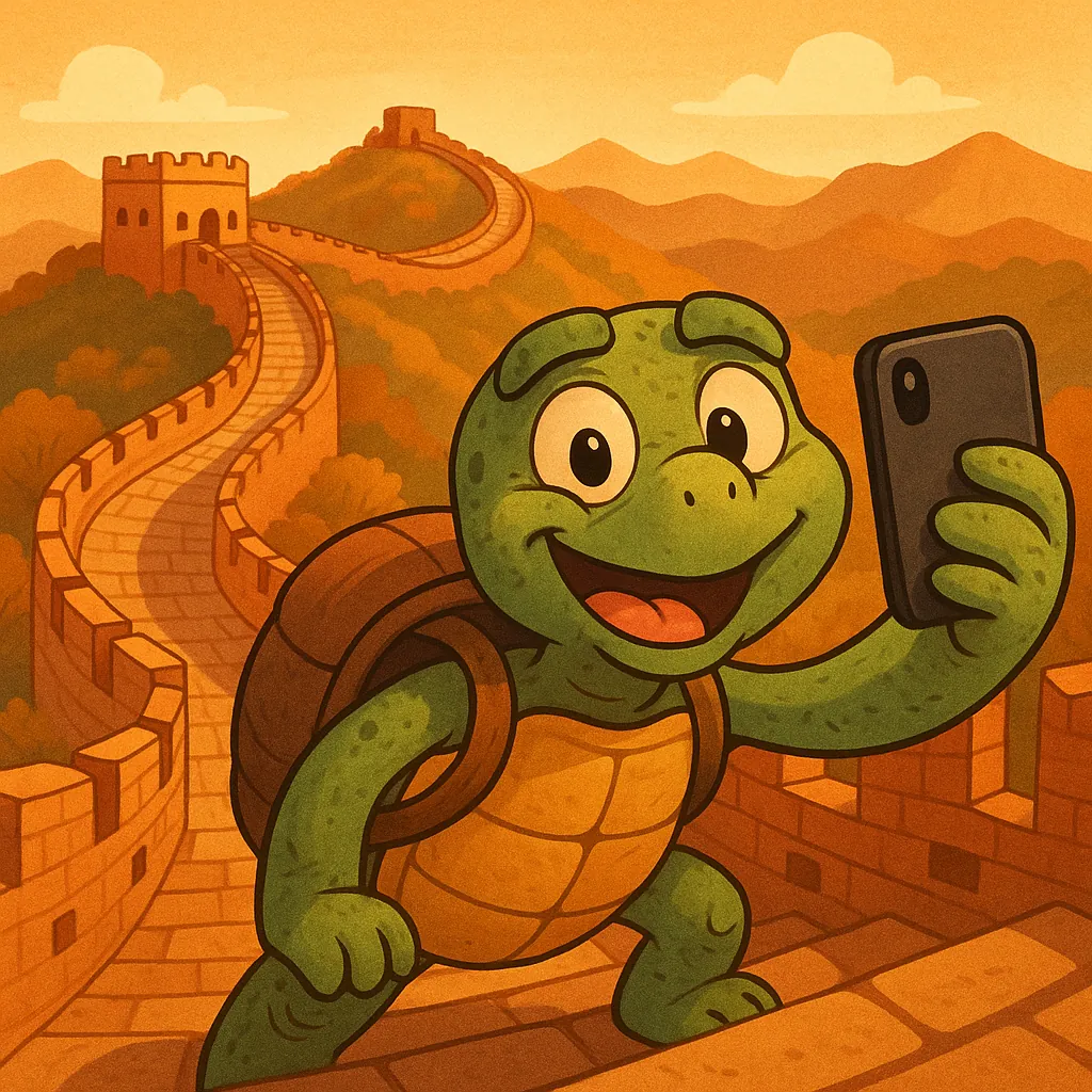 Discover a puzzle with a cheerful cartoon turtle taking a playful selfie as it climbs a winding ancient stone wall that snakes into rolling hills.