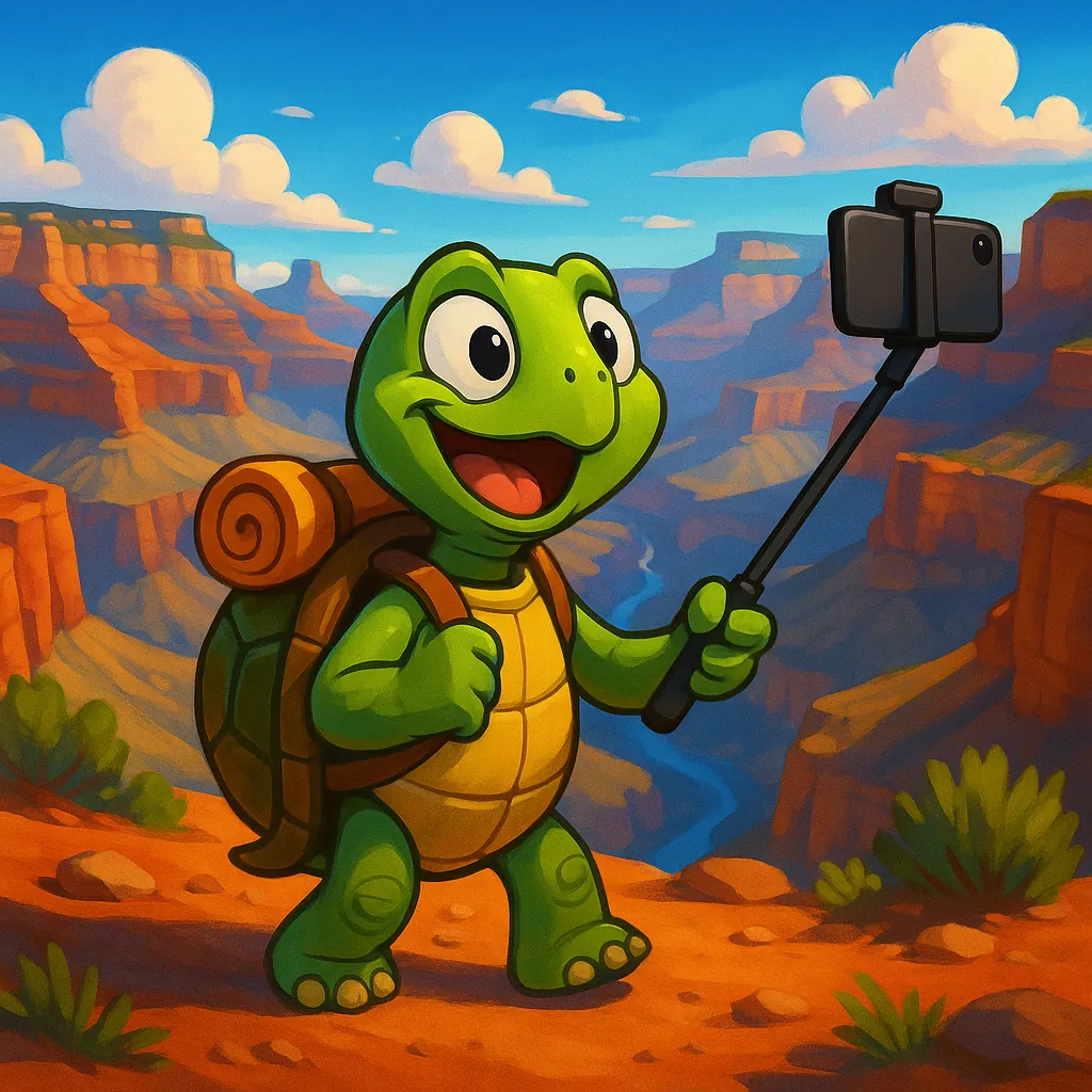 Enjoy assembling a puzzle depicting a cheerful cartoon turtle hiker taking a selfie on the edge of a sunlit canyon.