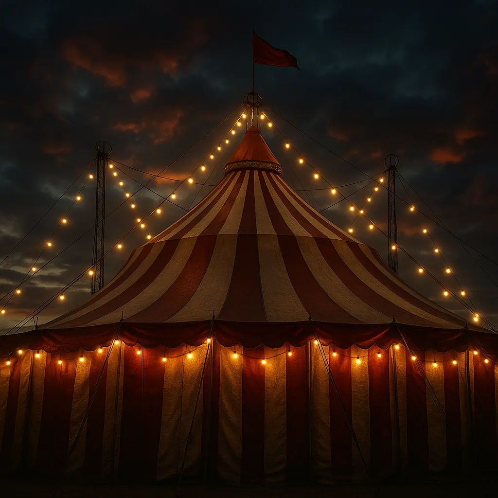 Enjoy assembling a puzzle depicting a classic red-and-white striped circus tent at dusk, its peaked roof topped with a small flag and warm string lights glowing
