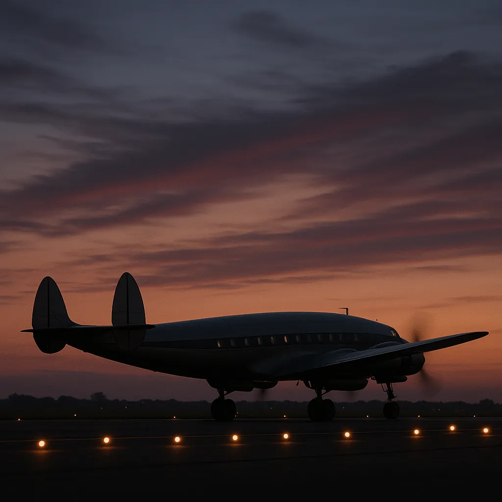 Discover a puzzle with a vintage airplane silhouetted on a runway against a glowing sunset sky.