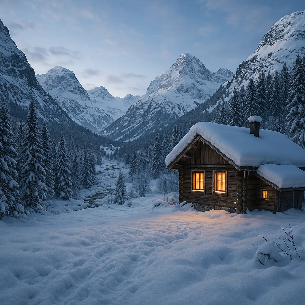 Discover a puzzle with a cozy wooden cabin glowing warmly in a snowy mountain valley.