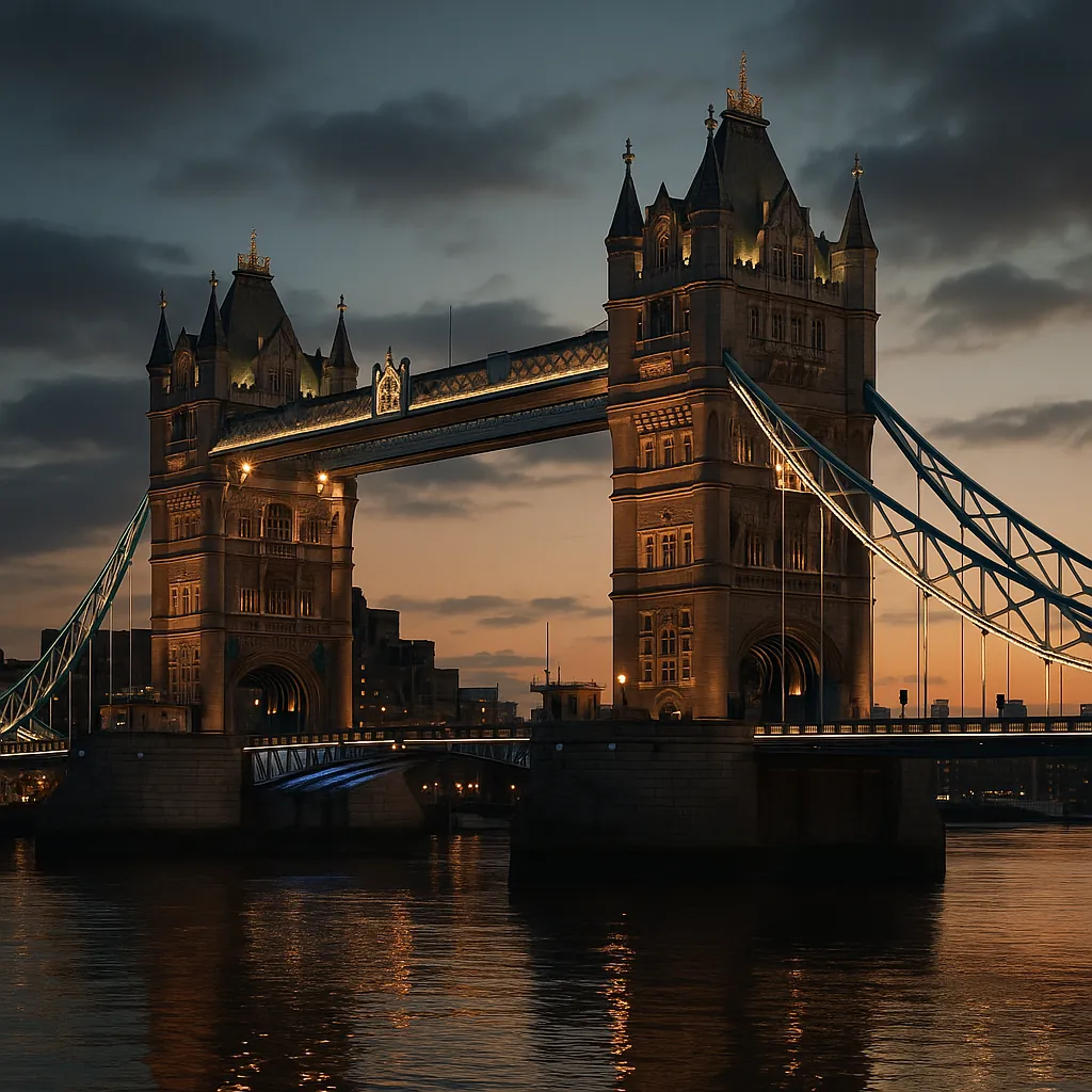 Discover a puzzle with a twilight view of Tower Bridge in London, where the warm golden floodlights trace the stone towers and steel cables against a deepening