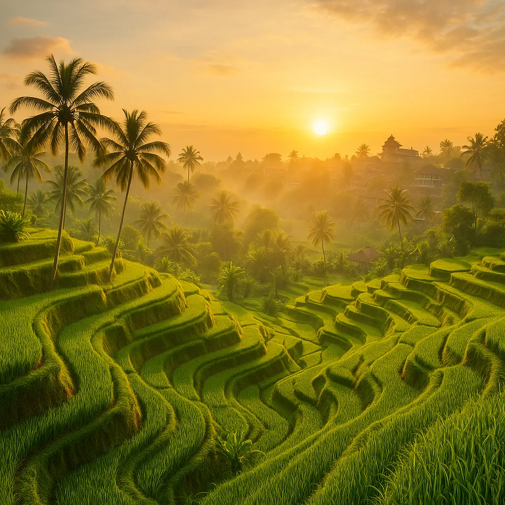 Discover a puzzle with sunlit rice terraces cascading in vibrant layers of green beneath a warm golden sunrise.