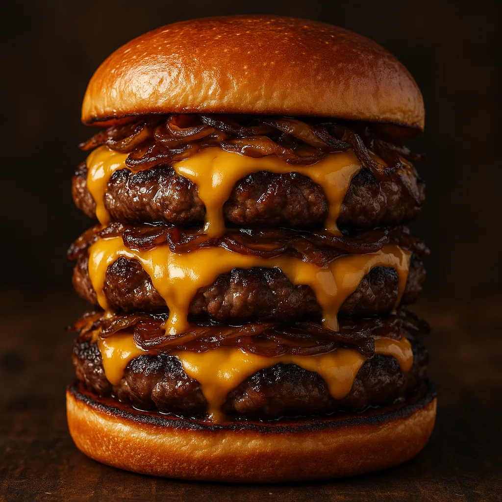 Discover a puzzle with a towering, triple cheeseburger dripping with melted cheddar and layered with caramelized onions between glossy, golden brioche buns.
