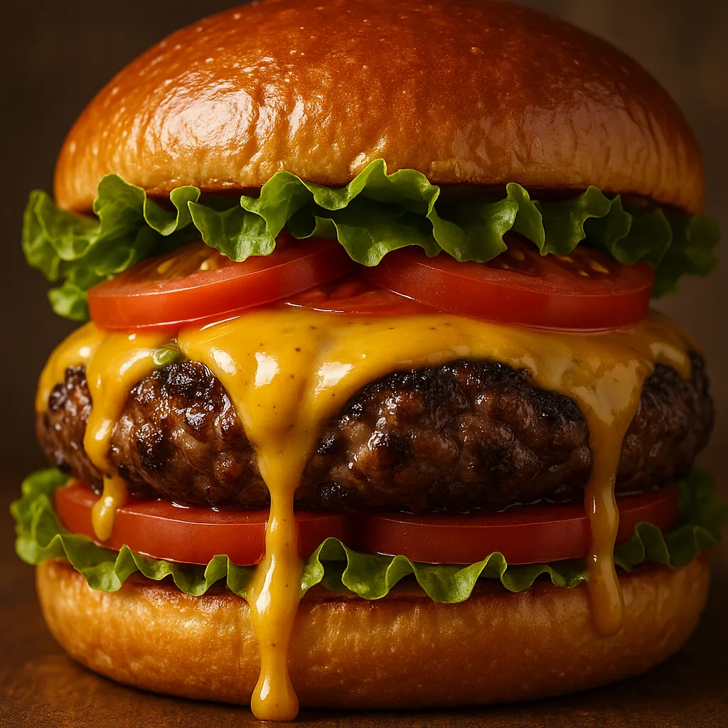 Discover a puzzle with a mouthwatering close-up of a classic cheeseburger: glossy brioche bun, crisp green lettuce, vibrant red tomato slices, a charred juicy b