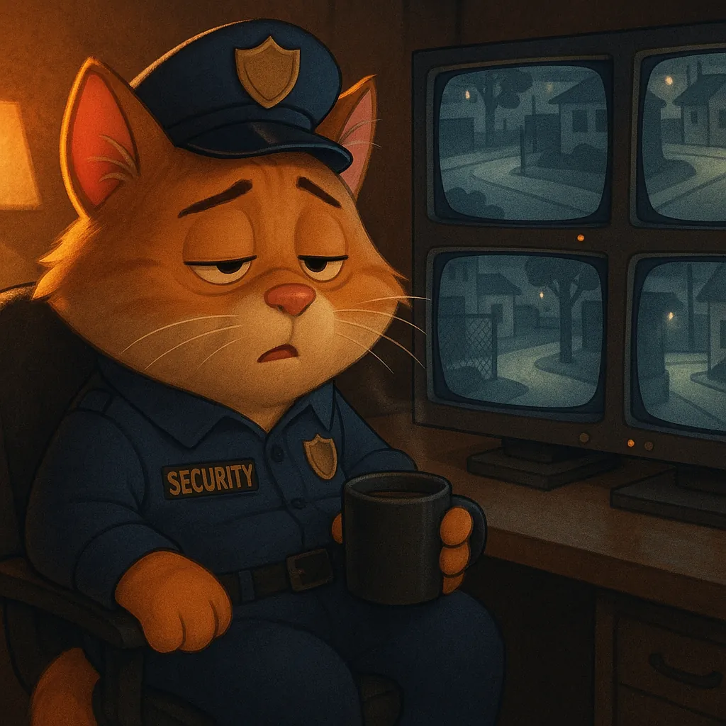 Discover a puzzle with a sleepy, anthropomorphic orange cat in a security uniform holding a steaming mug while watching four blue-tinted surveillance monitors.