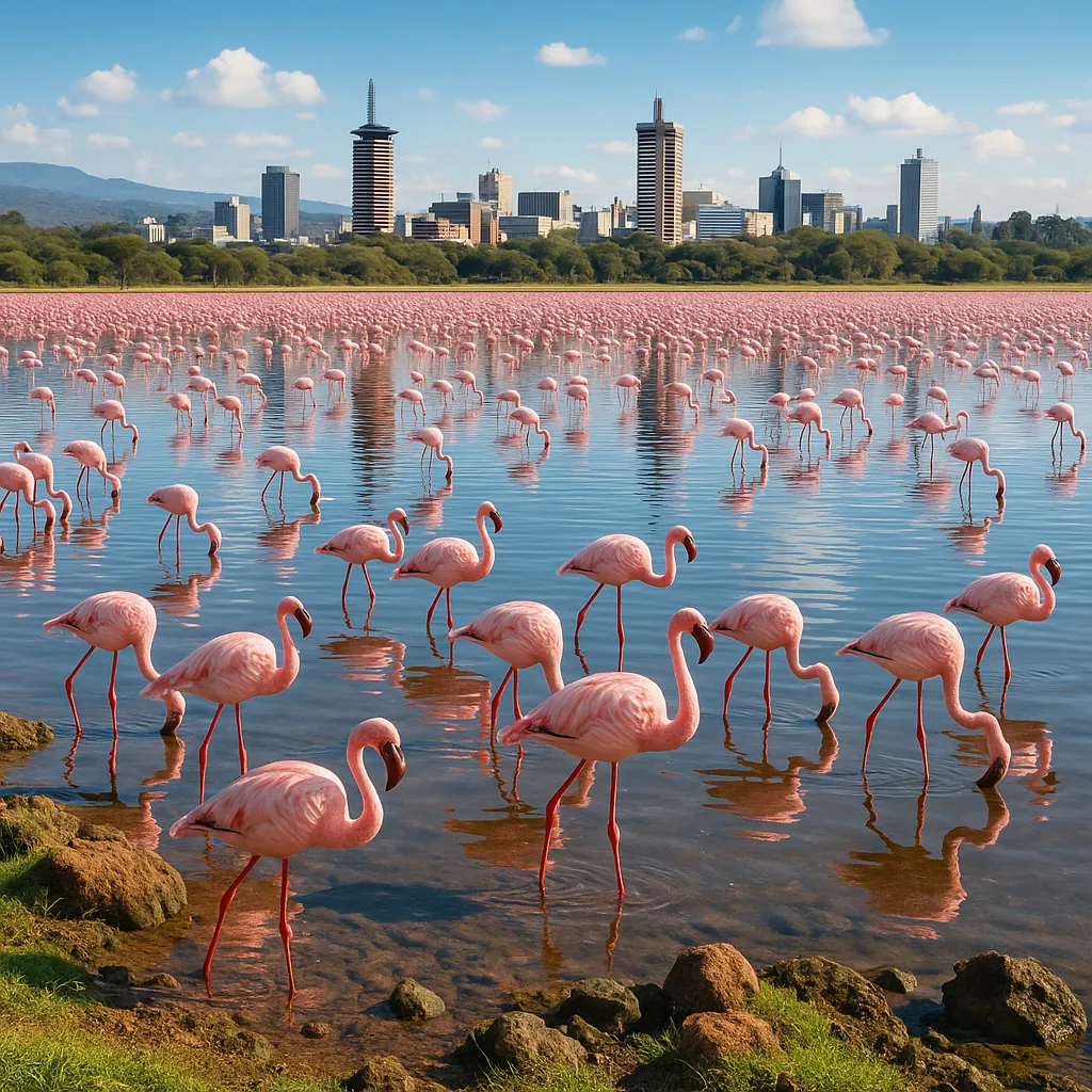 Discover a puzzle with a stunning flock of pink flamingos wading in calm, reflective waters against a distant city skyline.