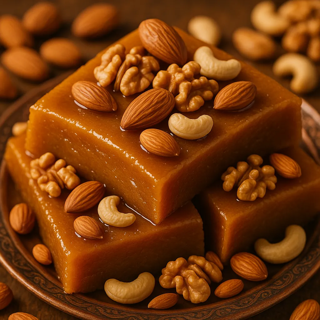 Discover a puzzle with glossy caramel squares stacked on a rustic plate, generously topped with almonds, walnuts and cashews.