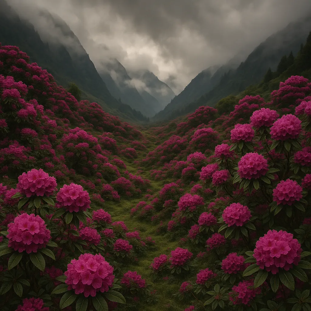 Enjoy assembling a puzzle depicting a misty mountain valley carpeted with vivid magenta rhododendron blooms against deep green slopes and low, brooding clouds.