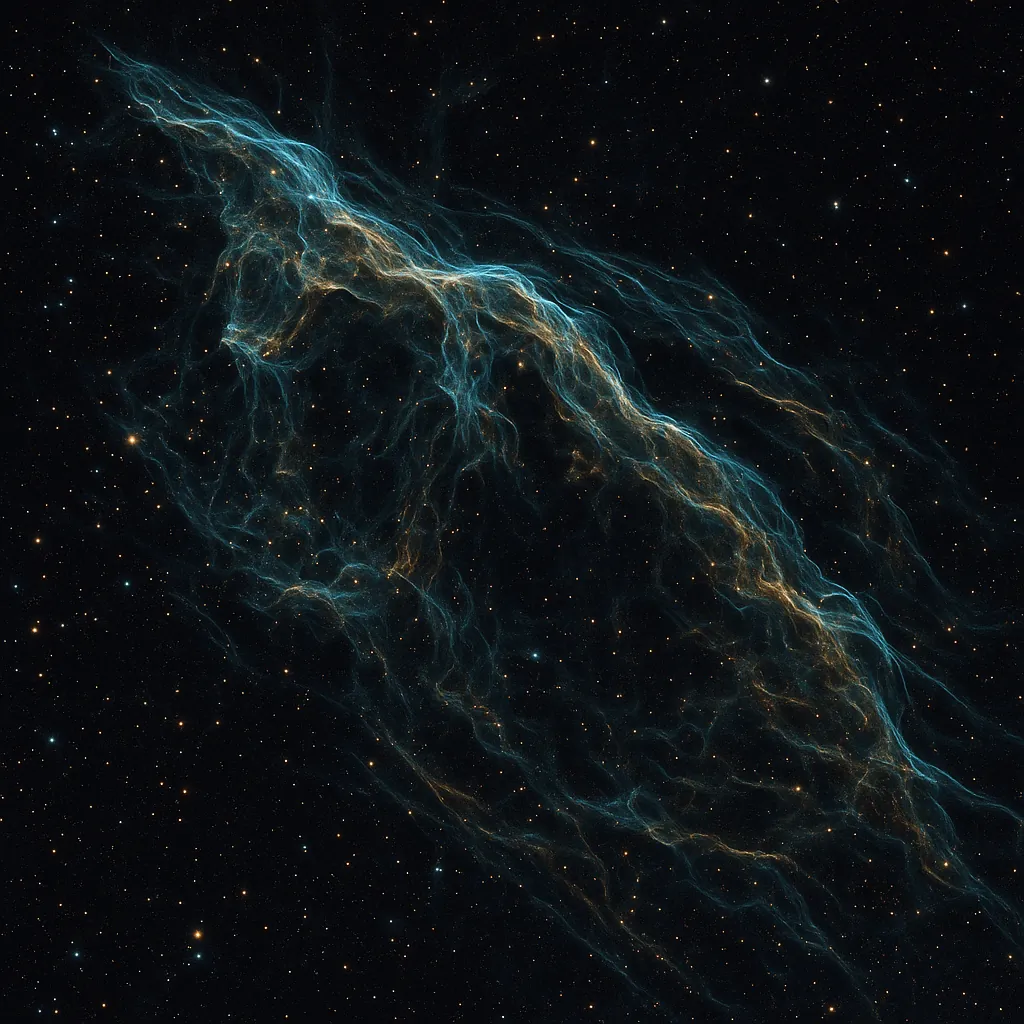 Discover a puzzle with a mesmerizing cosmic scene: delicate, wispy filaments of turquoise and warm gold drift across a deep, star-speckled black sky, forming an