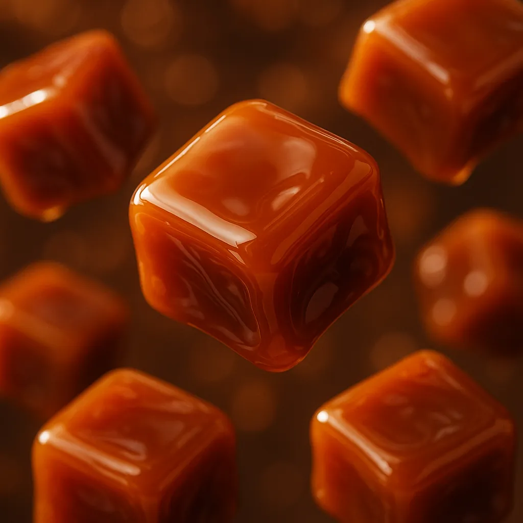 Enjoy an online jigsaw puzzle designed for browser play, featuring glossy caramel candies in a warm, food-themed close-up.