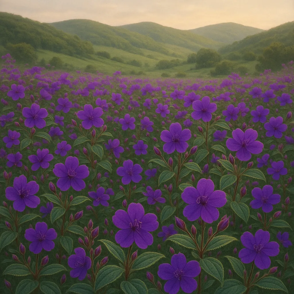 Discover a puzzle with a sweeping wildflower meadow of vivid purple blossoms stretching toward gentle, green rolling hills beneath a soft, golden sky.