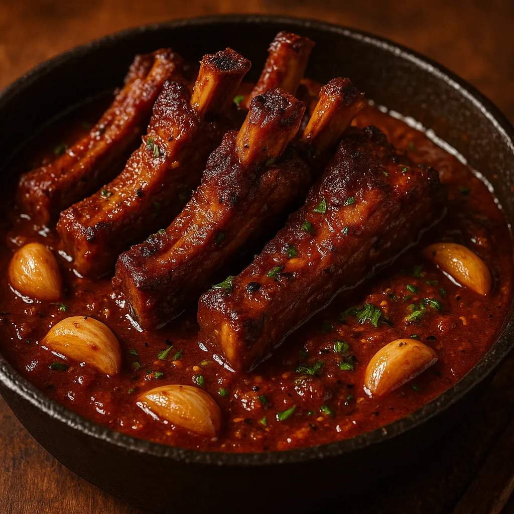 Discover a puzzle with a close-up of richly glazed pork ribs nestled in a deep, tomato-red sauce studded with whole roasted garlic cloves and flecks of fresh pa