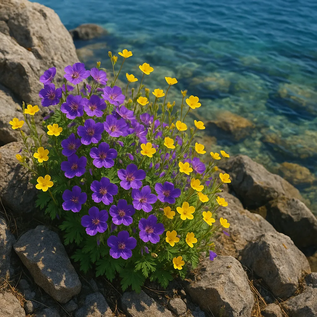 Discover a puzzle with a bright cluster of purple and yellow wildflowers growing among sunlit coastal rocks beside crystal-clear blue water — perfect for a rela
