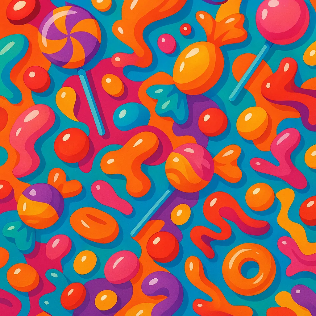 Enjoy assembling a puzzle depicting a bright, playful candy pattern filled with lollipops, wrapped sweets and abstract gummy-like blobs.