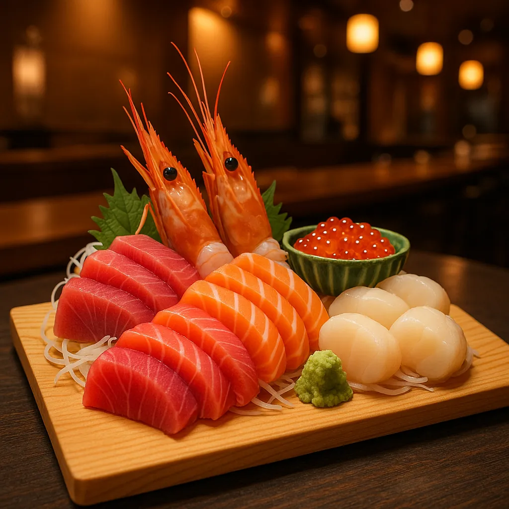 Discover a puzzle with a beautifully arranged sashimi platter featuring ruby-red tuna, vibrant orange salmon, plump scallops, glossy ikura in a green bowl, and