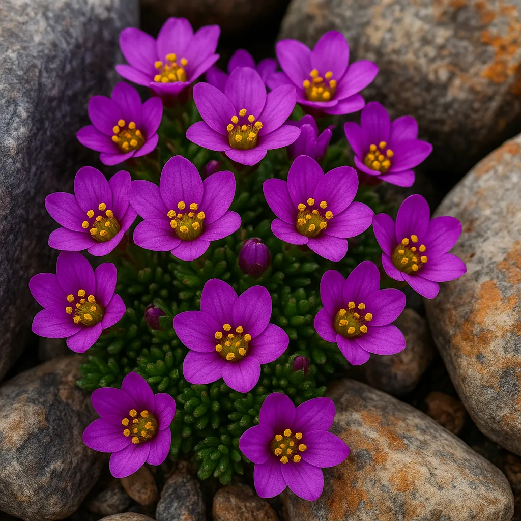Discover a puzzle with a close-up of vibrant purple alpine flowers clustered on a cushion of green foliage between smooth river stones.