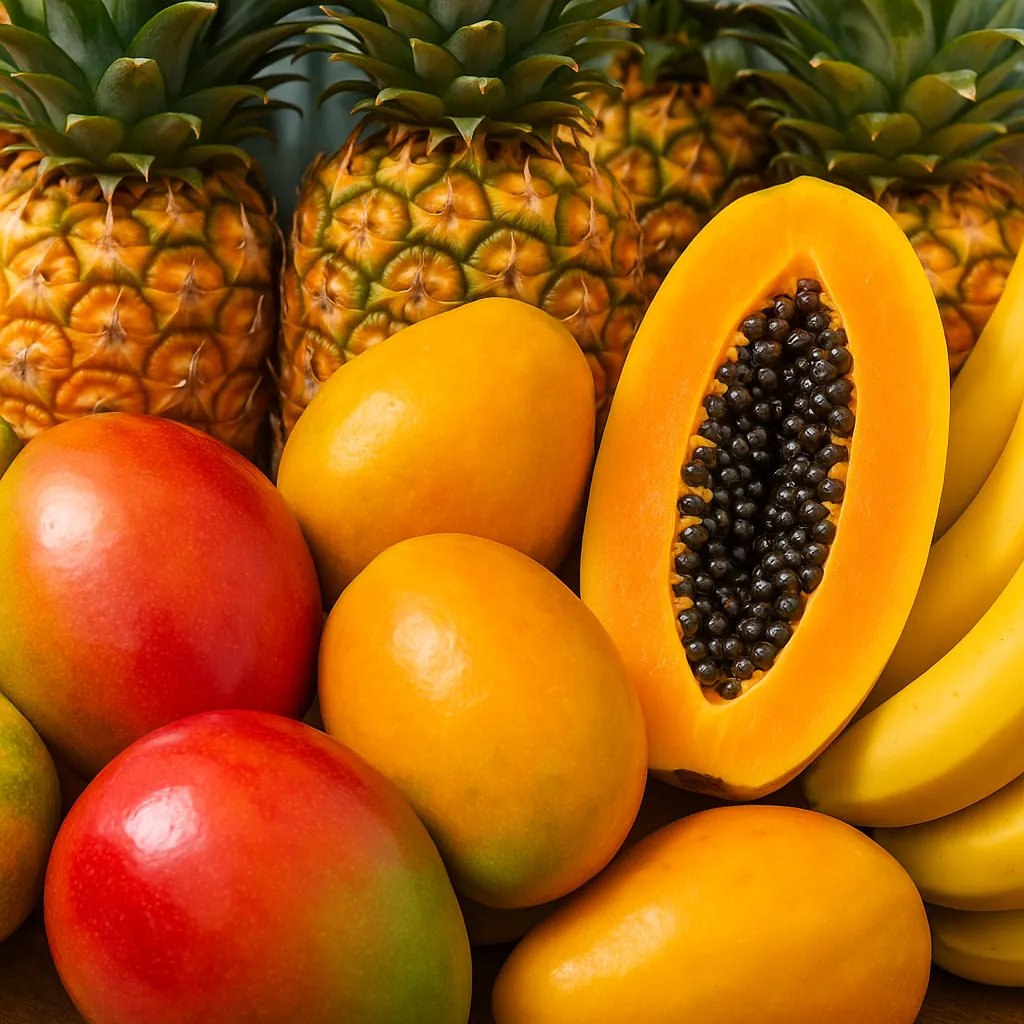 Enjoy an online jigsaw puzzle designed for browser play, featuring a vibrant still life of tropical fruit.