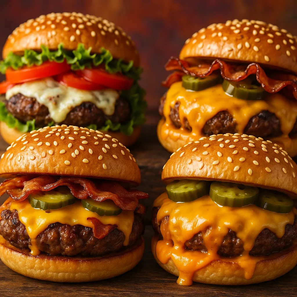 Enjoy assembling a puzzle depicting four juicy cheeseburgers arranged on a rustic wooden surface, each topped with golden sesame buns, melting cheddar, crisp ba