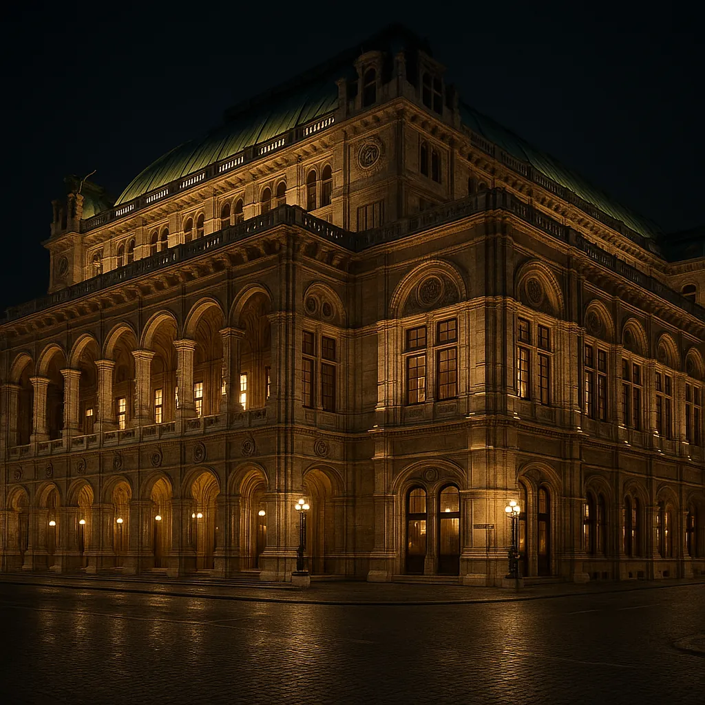 Discover a puzzle with a grand, historic stone building bathed in warm golden light against a deep night sky.