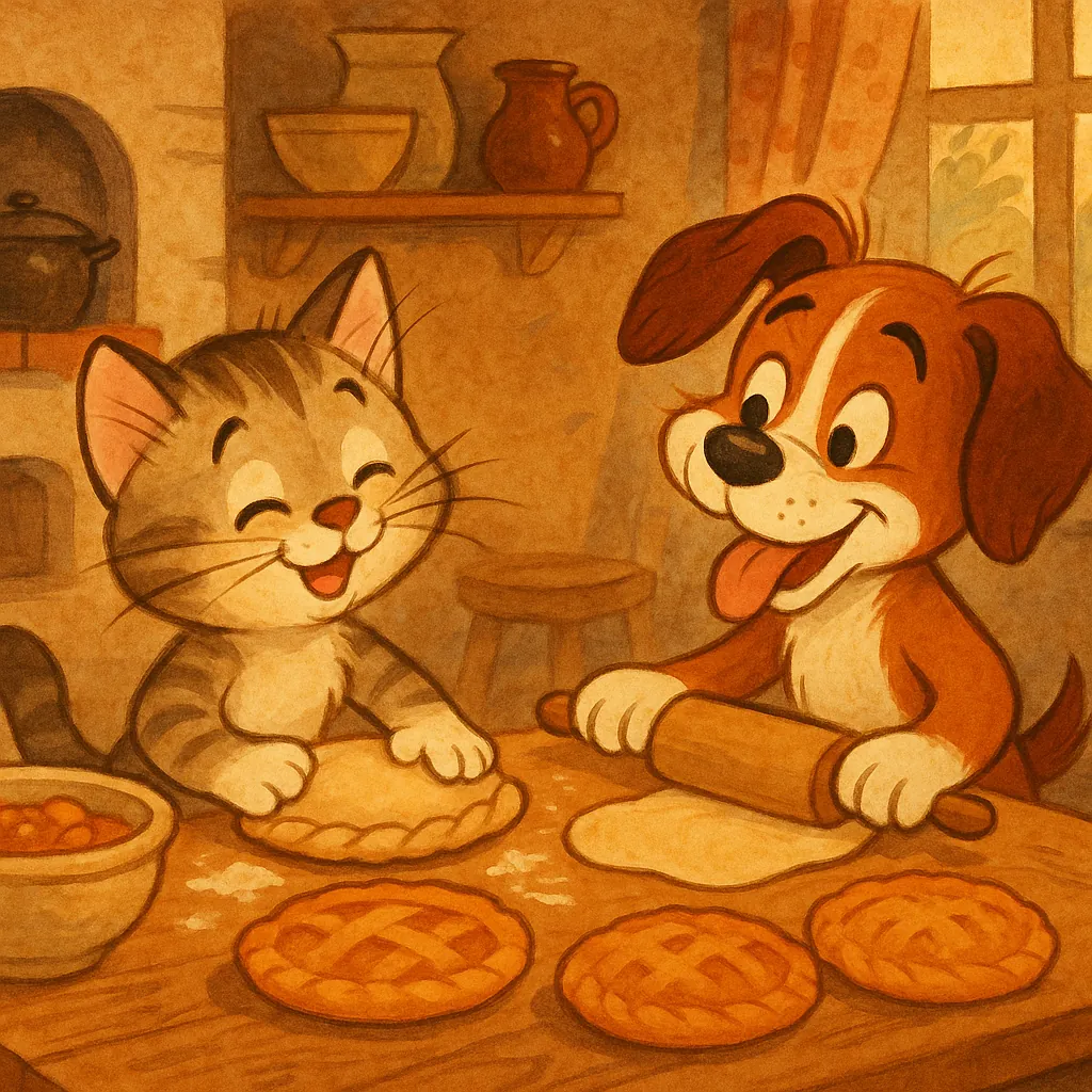 Discover a puzzle with a cheerful cat and a playful dog baking pies together in a cozy, sunlit kitchen.