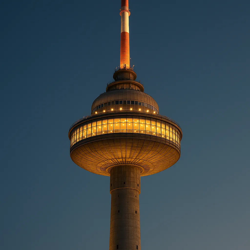 Discover a puzzle with a glowing observation tower rising into a clear twilight sky, its circular deck bathed in warm golden lights against deep blue evening.