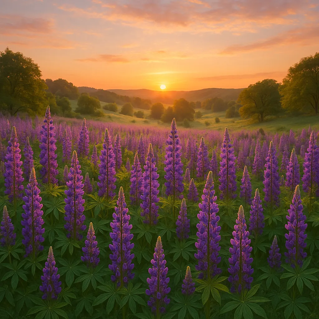 Discover a puzzle with a sweeping field of purple lupines basking in the warm glow of a golden sunset.