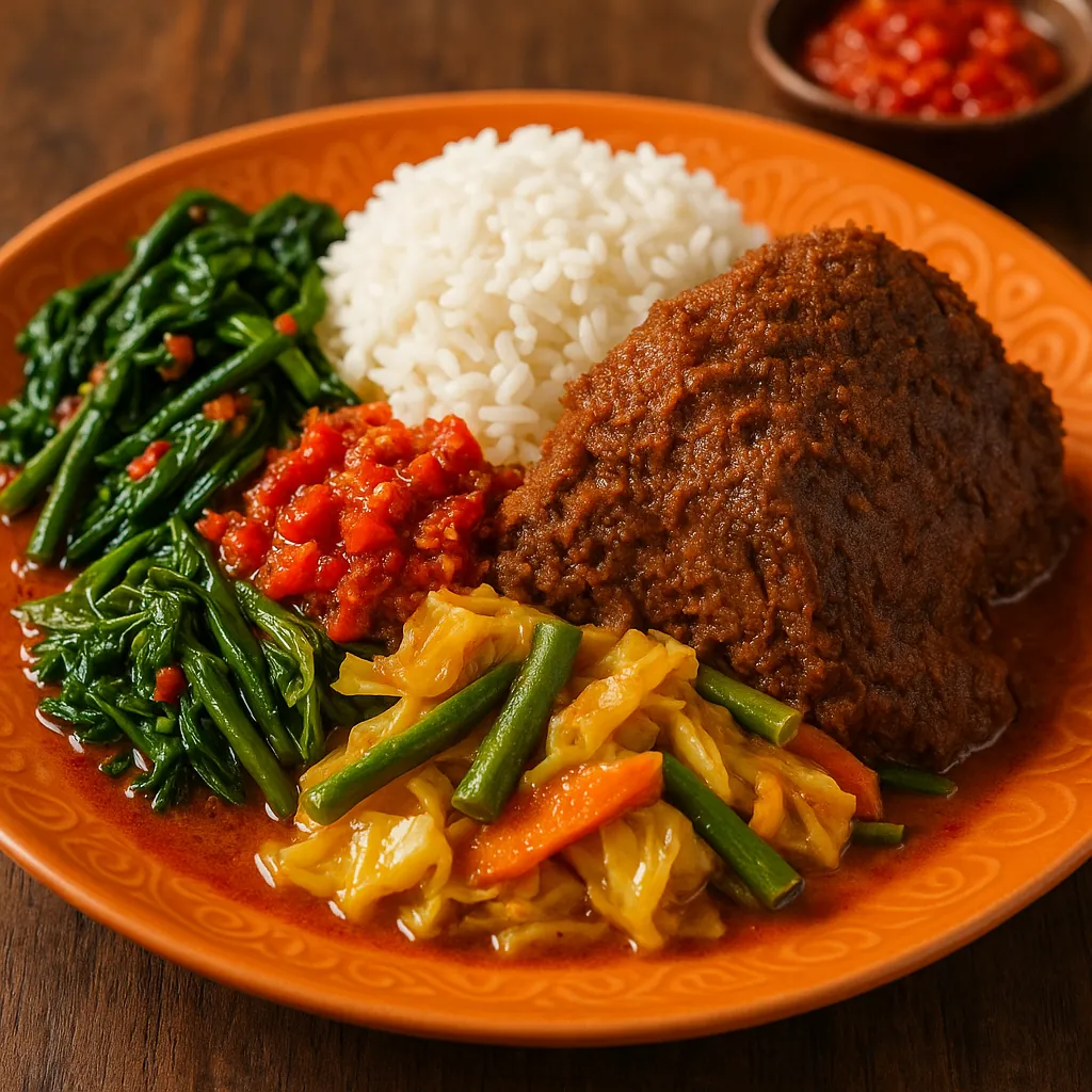 Enjoy assembling a puzzle depicting a warm, homey plate of comfort food: a mound of savory brown stew beside fluffy white rice, bright green sautéed greens and