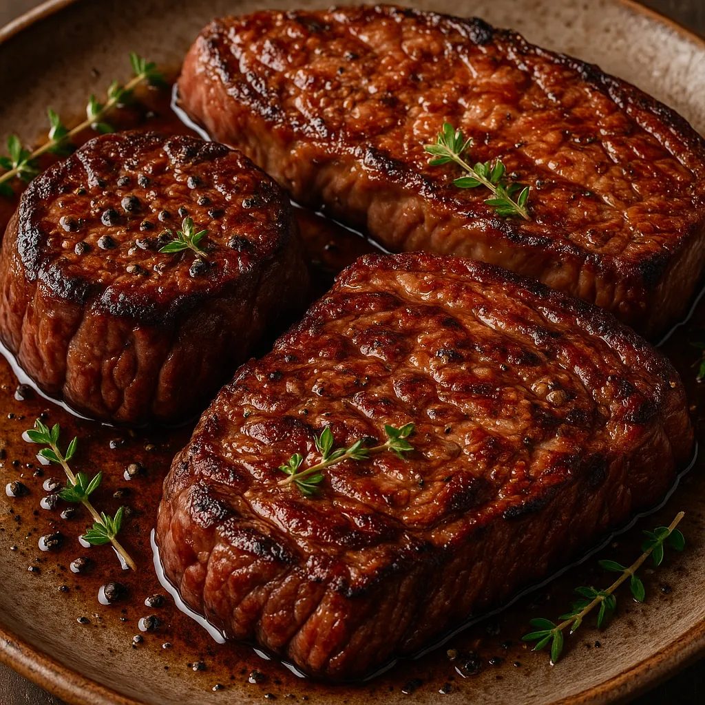 Discover a puzzle with three perfectly seared steaks glistening in rich mahogany browns and caramelized edges, dotted with peppercorns and sprigs of fresh green