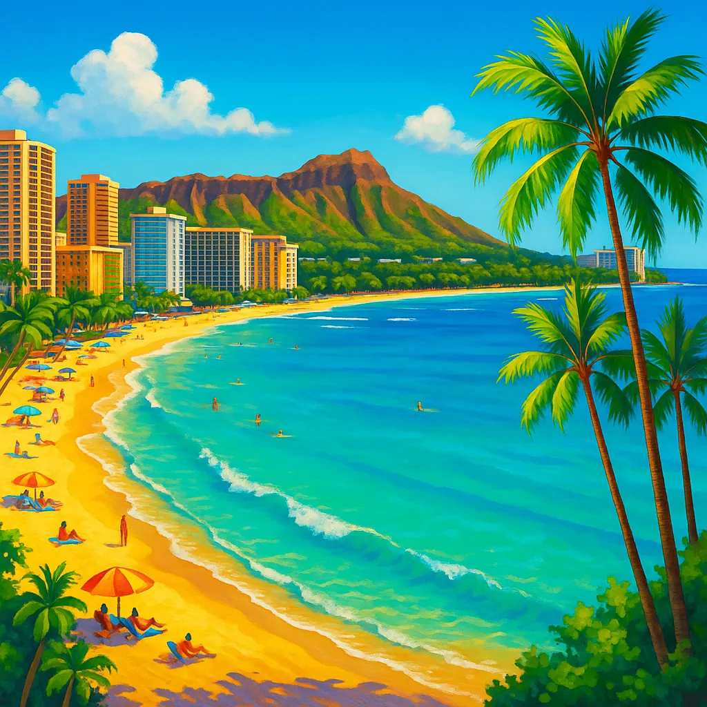 Discover a puzzle with a sunlit tropical beach scene featuring turquoise waves, golden sand, and a line of colorful umbrellas beside sparkling ocean water.