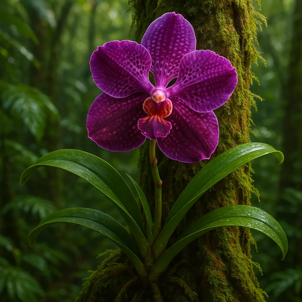 Discover a puzzle with a single vibrant purple orchid blooming against a moss-covered tree in a misty rainforest.