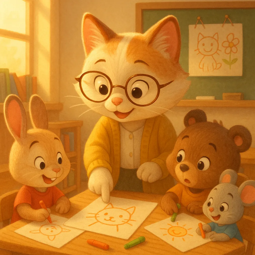 Discover a puzzle with an adorable classroom scene where a friendly, bespectacled cat teacher guides a group of cheerful animal children — a bunny, a bear, and