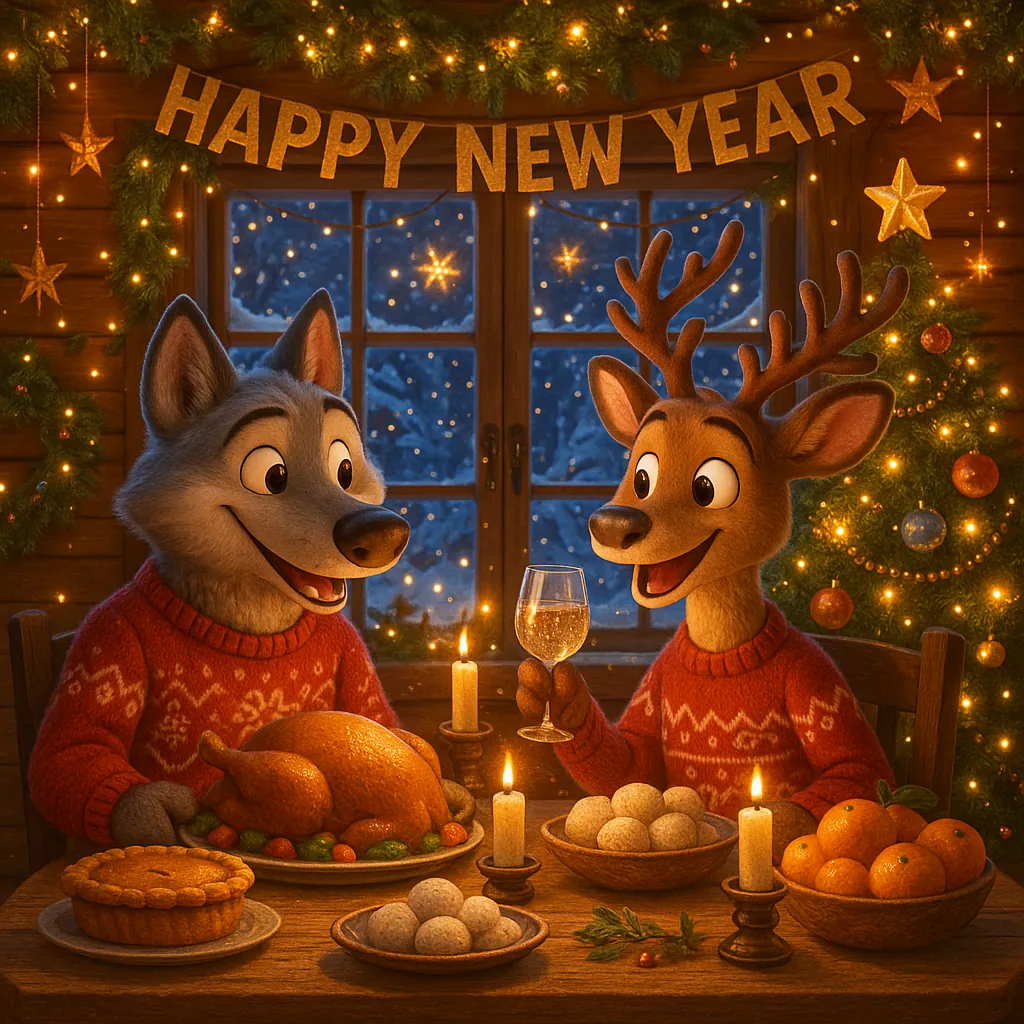 Discover a puzzle with a cozy holiday scene featuring a cheerful wolf and a smiling reindeer in matching red sweaters, seated at a candlelit wooden table laden