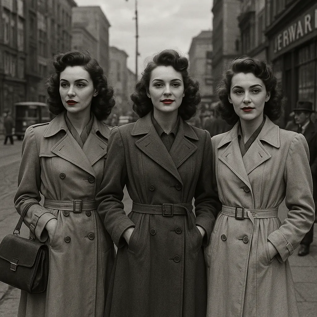 Discover a puzzle with three elegantly dressed women standing shoulder to shoulder on a vintage city street, their tailored trench coats and softly curled hairs