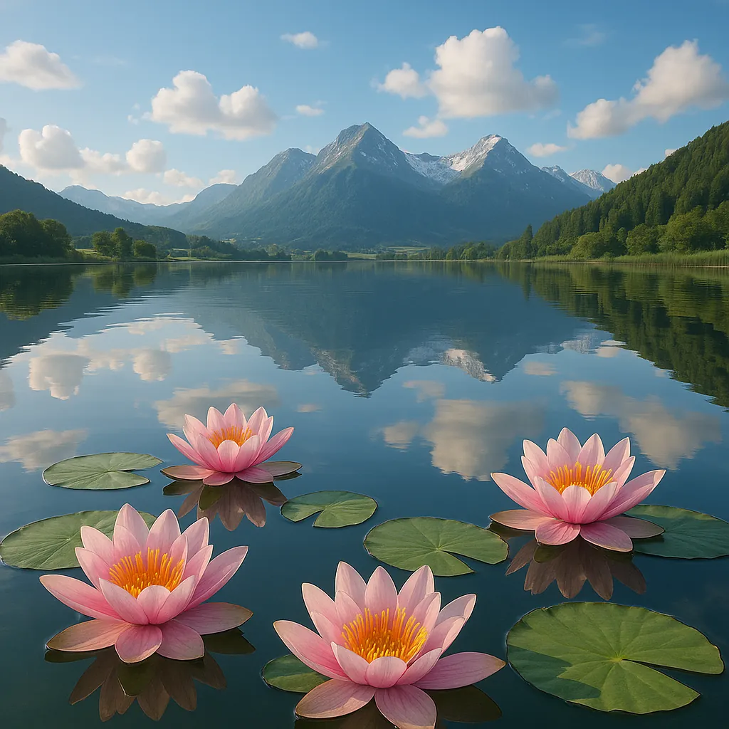 Discover a puzzle with a serene mountain lake scene where pink water lilies float gently on glassy blue water, reflecting fluffy white clouds and distant, snow