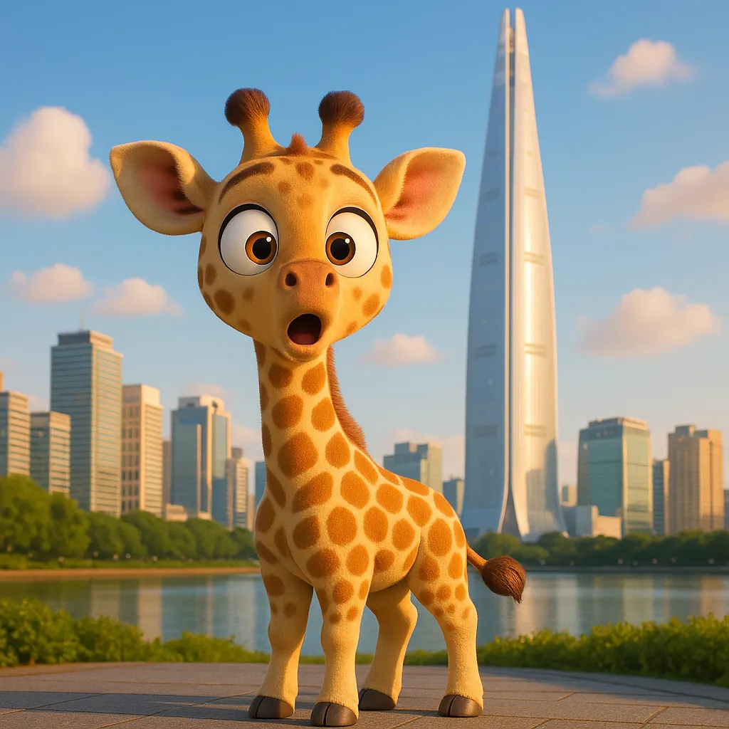 Discover a puzzle with an adorable animated baby giraffe standing by a tranquil riverfront against a modern city skyline.